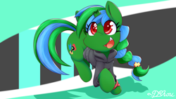 Size: 1920x1080 | Tagged: safe, artist:dshou, oc, oc only, oc:eris, pony, unicorn, abstract background, braid, broken horn, clothes, eye clipping through hair, hoodie, horn, open mouth, smiling, solo, unicorn oc