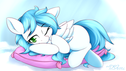 Size: 1920x1080 | Tagged: safe, artist:dshou, oc, oc only, oc:bright heart, pegasus, pony, blank flank, cute, lying down, on side, one ear down, one eye closed, pegasus oc, pillow, solo