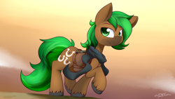 Size: 1920x1080 | Tagged: safe, artist:dshou, oc, oc only, oc:jaeger sylva, earth pony, pony, bag, clothes, commission, earth pony oc, frown, looking at you, raised hoof, saddle bag, scarf, solo, unshorn fetlocks