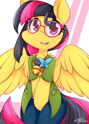 Size: 2000x2800 | Tagged: safe, artist:dshou, oc, oc only, pegasus, pony, abstract background, adorkable, bell, cat bell, clothes, cute, dork, glasses, high res, open mouth, sitting, smiling, solo