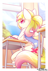 Size: 1400x2070 | Tagged: safe, artist:dshou, oc, oc only, oc:love note, earth pony, pony, chair, classroom, clothes, desk, female, heart, heart eyes, journal, looking out the window, mare, passepartout, ponytail, scenery, school, smiling, solo, wingding eyes