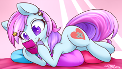 Size: 1920x1080 | Tagged: safe, artist:dshou, oc, oc only, oc:joy stick, earth pony, pony, 3ds, abstract background, commission, cute, ear piercing, earring, jewelry, lying down, open mouth, piercing, pillow, prone, smiling, solo, underhoof, video game