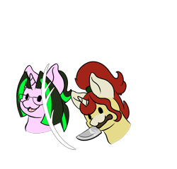Size: 2568x2460 | Tagged: safe, artist:noxi1_48, oc, oc:treble pen, pony, unicorn, daily dose of friends, :3, bust, duo, glasses, high res, knife, mouth hold, open mouth, open smile, simple background, smiling, transparent background