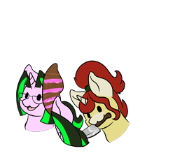 Size: 2568x2460 | Tagged: safe, artist:noxi1_48, oc, oc:treble pen, pony, unicorn, daily dose of friends, :3, bust, candy gore, duo, everything is cake, glasses, gore, high res, knife, mouth hold, open mouth, open smile, simple background, slicing, smiling, transparent background