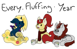 Size: 4848x3084 | Tagged: safe, artist:noxi1_48, oc, oc:alpha omega, oc:holy sword, oc:treble pen, alicorn, kirin, pony, unicorn, daily dose of friends, alicorn oc, bags under eyes, clothes, food, horn, lying down, mug, scarf, sick, simple background, sitting, tea, thermometer, transparent background, trio, wings