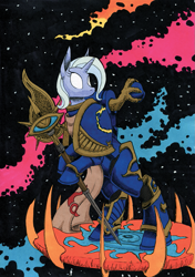 Size: 899x1280 | Tagged: safe, artist:darkhestur, trixie, pony, unicorn, g4, abstract background, armor, chaos space marine, clothes, disk of tzeench, marker drawing, pony only, power armor, solo, space, space marine, staff, thousand sons, traditional art, warhammer (game), warhammer 40k, white eyes