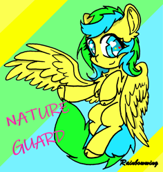 Size: 2450x2592 | Tagged: safe, artist:rainbowwing, oc, oc:nature guard, pegasus, pony, chest fluff, ear fluff, high res, signature, simple background, solo, spread wings, wings