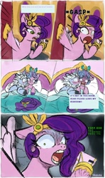 Size: 2210x3725 | Tagged: safe, artist:shakoba, alphabittle blossomforth, pipp petals, queen haven, pegasus, pony, unicorn, g5, bed, blanket, blushing, canon ship, caught, colored wings, comic, cuddling, diadem, female, flustered, funny, high res, horrified, implied sex, in bed, jewelry, love, male, mare, messy mane, phone, regalia, royalty, ship:alphahaven, shipping, shocked, spread wings, stallion, stepdad alphabittle, straight, trio, wings, x.exe stopped working