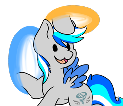 Size: 1570x1352 | Tagged: safe, artist:noxi1_48, oc, oc:hawker hurricane, pegasus, pony, daily dose of friends, colored wings, now you're thinking with portals, open mouth, open smile, petting, portal, portal (valve), self petting, simple background, smiling, solo, transparent background, two toned wings, wings