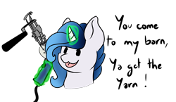 Size: 2454x1420 | Tagged: safe, artist:noxi1_48, oc, oc only, pony, unicorn, daily dose of friends, bust, gun, magic, sewing machine, simple background, solo, telekinesis, tongue out, transparent background, wat, weapon