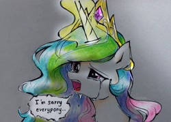 Size: 2477x1771 | Tagged: safe, artist:liaaqila, princess celestia, alicorn, pony, g4, crown, crying, diadem, female, frown, glowing, glowing horn, gradient background, high res, horn, jewelry, magic, magic aura, mare, open mouth, regalia, solo, speech bubble, text, traditional art