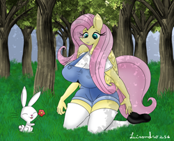 Size: 1972x1600 | Tagged: safe, artist:lisandro256, angel bunny, fluttershy, pegasus, rabbit, anthro, plantigrade anthro, g4, animal, big breasts, breasts, busty fluttershy, clothes, duo, female, flower, forest, huge breasts, kneeling, male, overalls, shirt, shoes, socks, t-shirt, thigh highs
