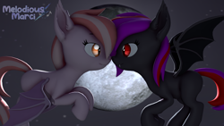 Size: 3840x2160 | Tagged: safe, artist:melodismol, oc, oc only, oc:alum orchid, oc:strawberry gleam, bat pony, pony, 3d, duo, fangs, female, flying, high res, looking at each other, looking at someone, moon, night, nose to nose, nose wrinkle, oc x oc, shipping, source filmmaker, stars