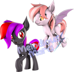 Size: 2170x2129 | Tagged: safe, artist:melodismol, oc, oc only, oc:alum orchid, oc:strawberry gleam, bat pony, pony, 3d, duo, female, flying, high res, lesbian, looking at each other, looking at someone, obtrusive watermark, oc x oc, shipping, simple background, source filmmaker, transparent background, watermark