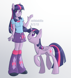 Size: 2300x2500 | Tagged: safe, artist:zeffdakilla, twilight sparkle, alicorn, human, pony, equestria girls, g4, clothes, concave belly, duo, female, folded wings, gradient background, high res, looking up, raised arm, raised hoof, raised leg, self paradox, self ponidox, slender, smiling, standing, thin, twilight sparkle (alicorn), white background, wings