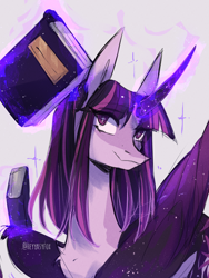 Size: 2580x3426 | Tagged: safe, artist:iheyyasyfox, twilight sparkle, alicorn, pony, g4, alternate design, book, bookhorse, countershading, curved horn, female, glowing, glowing horn, gray background, high res, horn, levitation, magic, mare, simple background, smiling, solo, telekinesis, twilight sparkle (alicorn)