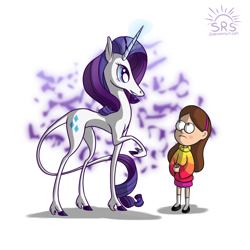 Size: 1500x1500 | Tagged: safe, artist:silentrosysunrise, rarity, classical unicorn, human, pony, unicorn, g4, alternate ending, big eyes, clothes, concave belly, crossover, eyelashes, female, fetlock tuft, glowing, glowing horn, gravity falls, height difference, horn, leonine tail, long horn, long muzzle, long tail, mabel pines, magic, magic aura, raised hoof, simple background, skirt, slender, stylized, sweater, tail, the last mabelcorn, thin, thin legs, unicorn horn, unshorn fetlocks, white background