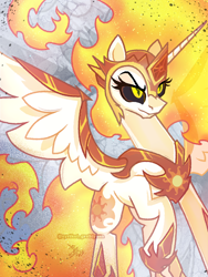 Size: 1000x1333 | Tagged: safe, artist:syrikatsyriskater, daybreaker, alicorn, pony, g4, abstract background, female, mare, signature, smiling, solo, spread wings, wings