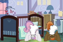 Size: 4000x2646 | Tagged: safe, artist:csillaghullo, artist:scribe-feather, edit, button mash, sweetie belle, earth pony, pony, unicorn, g4, adult foal, bedroom, butt, clean diaper, crib, crib mobile, diaper, diaper butt, diaper fetish, duo, duo male and female, face down ass up, fanfic, fanfic art, fanfic cover, female, fetish, house, looking at you, looking between legs, male, mare, non-baby in diaper, plot, plushie, room, tail, tail hole