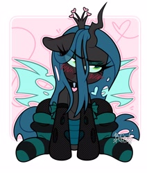 Size: 3000x3546 | Tagged: safe, artist:befishproductions, queen chrysalis, changeling, changeling queen, g4, blushing, clothes, collar, cute, cutealis, female, fishnet stockings, heart, high res, passepartout, sitting, socks, solo, striped socks