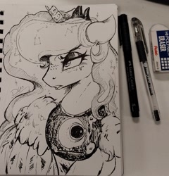 Size: 1679x1750 | Tagged: safe, artist:thelunarmoon, princess luna, alicorn, pony, g4, angry, black and white, constellation, ears back, eyeshadow, female, freckles, freckluna, furrowed brow, grayscale, makeup, mare, monochrome, pen drawing, solo, traditional art