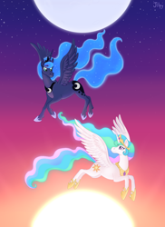 Size: 2014x2760 | Tagged: safe, artist:jilpy, princess celestia, princess luna, alicorn, pony, g4, dawn, duo, flying, high res, moon, night, smiling, stars, sun