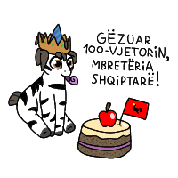 Size: 200x200 | Tagged: safe, artist:hach, oc, oc only, unnamed oc, zebra, >clop, albanian, anniversary, anniversary art, apple, cake, crown, dreadlocks, flag, food, hat, jewelry, party hat, party horn, regalia, simple background, sitting, smiling, solo, white background