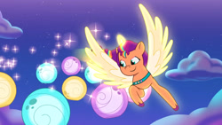 Size: 3072x1727 | Tagged: safe, screencap, sunny starscout, alicorn, pony, g5, moon festival, my little pony: tell your tale, spoiler:g5, spoiler:my little pony: tell your tale, spoiler:tyts01e59, female, flying, mare, night, race swap, smiling, solo, spread wings, sunnycorn, wings