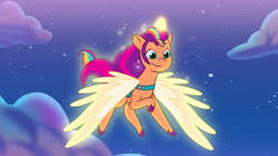 Size: 3072x1727 | Tagged: safe, screencap, sunny starscout, alicorn, pony, g5, moon festival, my little pony: tell your tale, spoiler:g5, spoiler:my little pony: tell your tale, spoiler:tyts01e59, female, flying, mane stripe sunny, mare, night, race swap, smiling, solo, spread wings, sunnycorn, wings