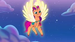 Size: 3072x1727 | Tagged: safe, screencap, sunny starscout, alicorn, pony, g5, moon festival, my little pony: tell your tale, spoiler:g5, spoiler:my little pony: tell your tale, spoiler:tyts01e59, female, flying, frown, mane stripe sunny, mare, night, race swap, solo, spread wings, sunnycorn, wings