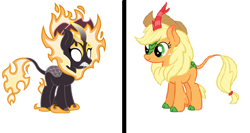 Size: 481x256 | Tagged: safe, edit, gameloft, applejack, kirin, nirik, g4, cloven hooves, kirin applejack, kirin-ified, simple background, species swap, white background