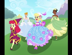 Size: 976x742 | Tagged: safe, artist:sapphiregamgee, apple bloom, applejack, human, equestria girls, g4, applejack also dresses in style, beautiful, cinderella, clothes, cropped, crossover, dress, female, flower, flower in hair, froufrou glittery lacy outfit, glass slipper (footwear), glass slippers, gown, group, happy, hat, having fun, hennin, jewelry, necklace, petticoat, picnic, playing with dress, pretty, princess, princess apple bloom, princess applejack, princess costume, puffy sleeves, quartet, race, running, skirt, skirt lift, smiling, speech bubble, tiana, tiara