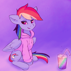 Size: 1961x1962 | Tagged: safe, artist:replacer808, rainbow dash, pegasus, pony, g4, clothes, cute, cute little fangs, drink, fangs, female, glass, hoodie, mare, rainbow soda, sitting, solo, straw, taste the rainbow
