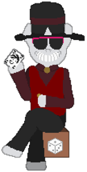 Size: 432x860 | Tagged: safe, artist:minus, derpibooru exclusive, oc, oc only, oc:mortis grin, pony, unicorn, 2022, box, clothes, coin, crossed legs, daybreak island, grin, hat, looking at you, male, pixel art, playing card, shirt, simple background, sitting, smiling, smiling at you, solo, stallion, sunglasses, top hat, transparent background, vest