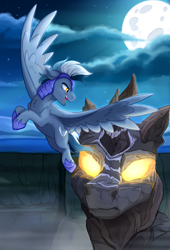 Size: 2250x3300 | Tagged: safe, artist:rutkotka, oc, oc only, oc:iron feather, golem, pegasus, pony, fanfic:words of power, armor, cloud, commission, duo, fanfic art, flying, glowing, glowing eyes, high res, male, moon, night, night guard, open mouth, open smile, pegasus oc, smiling, spread wings, stallion, tail, wings