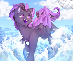 Size: 1800x1500 | Tagged: safe, artist:pdotod, oc, oc only, oc:shadow galaxy, pegasus, pony, cloud, commission, cute, ethereal mane, fangs, female, mare, ocean, open mouth, smiling, solo, splash, splashing, sports, starry mane, starry tail, tail, volleyball, water, ych result