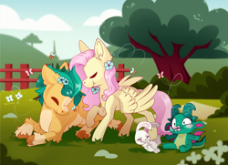 Size: 6287x4540 | Tagged: safe, artist:cutepencilcase, angel bunny, fluttershy, hitch trailblazer, sparky sparkeroni, bee, butterfly, dragon, earth pony, insect, pegasus, pony, rabbit, g4, g5, absurd resolution, angel is a bunny bastard, animal, baby, baby dragon, blushing, eyes closed, female, flower, flower in hair, generation leap, hitch and his 2nd heroine, male, mare, mouth hold, stallion, tree