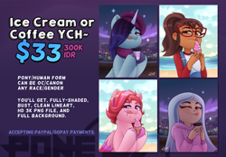 Size: 4300x3000 | Tagged: safe, artist:rivin177, onyx, windy, human, pegasus, pony, unicorn, g5, advertisement, andrea davenport, beach, beret, bust, clothes, coffee, coffee cup, commission, commission info, cup, food, glasses, hailey banks, hailey's on it!, hat, holding, hoodie, hooves, ice cream, logo, night, one eye closed, portrait, price tag, raised hoof, sand, scarf, text, the ghost and molly mcgee, tongue out, wink, ych example, your character here