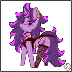 Size: 2000x2000 | Tagged: safe, artist:dice-warwick, oc, oc only, oc:fizzy fusion pop, pony, unicorn, bag, beauty mark, butt freckles, choker, clothes, ear piercing, earring, female, fishnet stockings, freckles, heart, heart eyes, high res, highlights, jewelry, long mane, long tail, mare, messy mane, panties, piercing, pink panties, simple background, socks, solo, stockings, tail, thigh highs, transparent background, underwear, wingding eyes