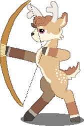 Size: 636x944 | Tagged: safe, artist:minus, derpibooru exclusive, oc, oc only, oc:hebe, deer, 2022, antlers, archery, bipedal, bow (weapon), daybreak island, deer oc, male, non-pony oc, pixel art, simple background, solo, stag, transparent background, weapon