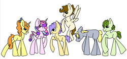 Size: 1244x582 | Tagged: safe, artist:minima221, apple bud, cream puff, dipsy hooves, pound cake, princess flurry heart, pumpkin cake, alicorn, earth pony, pegasus, pony, unicorn, g4, adult blank flank, blank flank, budbetes, creambetes, cute, dipsybetes, eyes closed, female, flurrybetes, flying, group, male, mare, older, older apple bud, older cream puff, older dipsy hooves, older flurry heart, older pound cake, older pumpkin cake, poundabetes, pumpkinbetes, simple background, stallion, white background