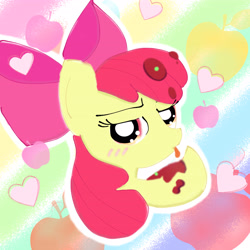 Size: 4096x4096 | Tagged: safe, artist:tiga mega, apple bloom, earth pony, pony, g4, somepony to watch over me, adorabloom, apple, behaving like a cat, blushing, cute, female, filly, foal, food, heart, licking, looking at you, pea, sauce, solo, tongue out