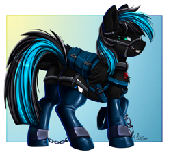 Size: 3139x2830 | Tagged: safe, artist:pridark, oc, oc only, oc:nightlight aura, pegasus, pony, series:the bridled herd, ankle chain, ankle cuffs, bdsm, bit, bondage, bound wings, bridle, collar, cuffs, harness, high res, latex, solo, submissive, tack, wings