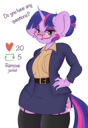Size: 1411x2040 | Tagged: safe, artist:eventseem, twilight sparkle, unicorn, anthro, g4, breasts, clothes, female, floppy ears, garter belt, glasses, hand on hip, jacket, looking at you, mare, shirt, simple background, skirt, socks, solo, talking to viewer, teacher, text, thigh highs, white background, wide hips, zettai ryouiki