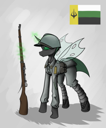 Size: 2500x3000 | Tagged: safe, artist:incrediblepanzer, changeling, equestria at war mod, clothes, green changeling, gun, headcanon, helmet, high res, military uniform, rifle, solo, sternocleidomastoid, uniform, weapon