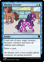 Size: 375x523 | Tagged: safe, artist:shauna j. grant, edit, idw, violette rainbow, earth pony, pony, unicorn, g5, spoiler:g5comic14, ccg, coat markings, dreadlocks, magic the gathering, maretime bay, missing texture, pinto, trading card, trading card edit, trading card game, vitiligo