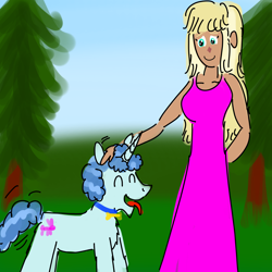 Size: 3200x3200 | Tagged: safe, artist:horsesplease, party favor, human, pony, unicorn, g4, behaving like a dog, blonde, camp camp, collar, crossover, cult camp, doggie favor, doggiecorn, doodle, happy, high res, human on pony petting, jen (camp camp), panting, petting, rooster teeth, tongue out