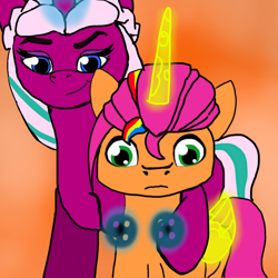 Size: 768x768 | Tagged: safe, artist:amoralightning, opaline arcana, sunny starscout, alicorn, pony, g5, my little pony: a new generation, 1000 hours in ms paint, artificial alicorn, artificial horn, artificial wings, augmented, button eyes, coraline, duo, duo female, female, mare, opaline's dark castle, race swap, sunnycorn, wings