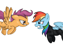 Size: 3198x2509 | Tagged: artist needed, safe, rainbow dash, scootaloo, pegasus, pony, fanfic:rainbow factory, g4, angry, bodysuit, clothes, duo, fanfic art, flying, gritted teeth, high res, looking at each other, looking at someone, older, older scootaloo, scootaloo can fly, simple background, teeth, transparent background