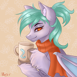 Size: 2000x2000 | Tagged: safe, artist:julysunset, oc, oc only, oc:biru, lamia, original species, snake, abstract background, clothes, ear fluff, high res, mug, scarf, unshorn fetlocks, wings